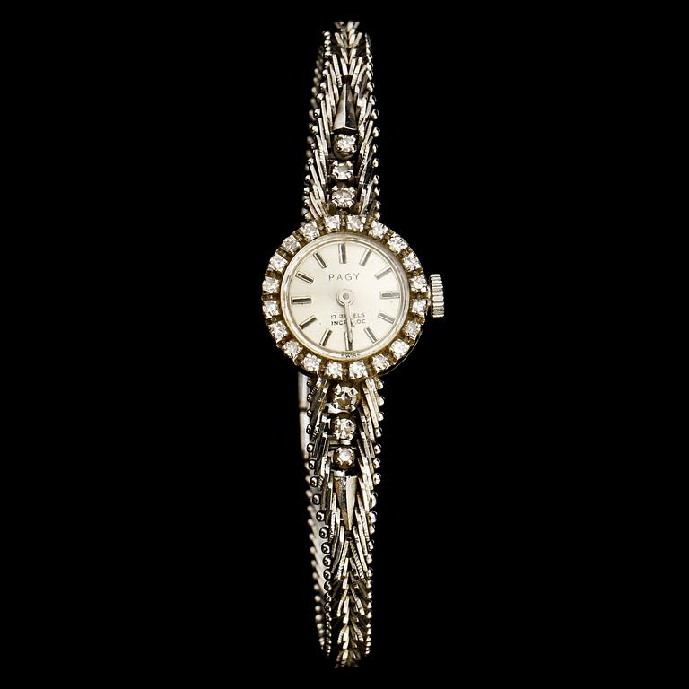 KLOCKA, 18k vitguld med 26 åttkantslipade diamanter, Pagy, Schweiz, 1900-tal. Vikt 24 g.