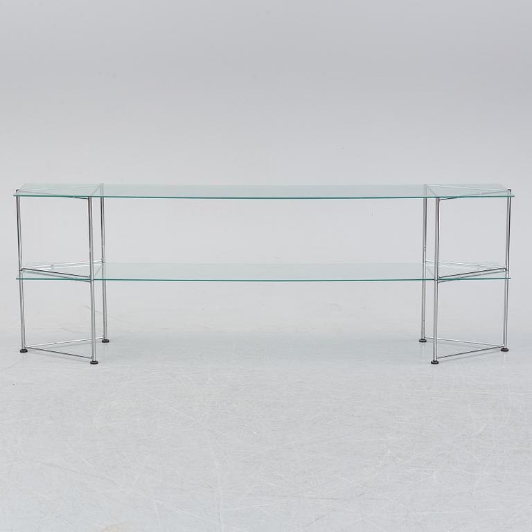 A late 20th century glass and metal shelf / sideboard.