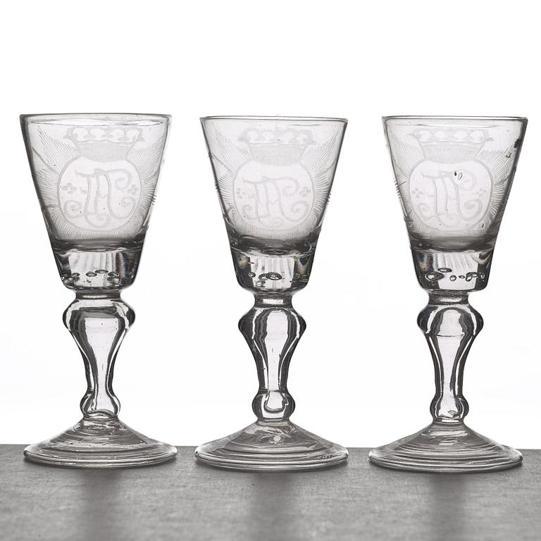 A set of three Swedish wine glasses, 18th Century.