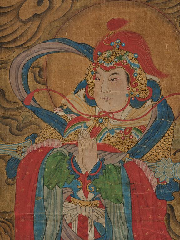 Two Chinese scroll paintings of Heavenly and Earthly Deities from the Water-Land Ritual, late Qing dynasty.