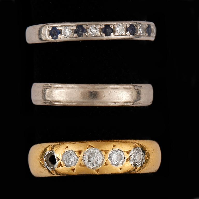 RINGAR, 3 st, 18k guld med diamanter samt safirer. Total vikt ca 11,9 gram.