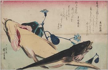 UTAGAWA HIROSHIGE (1797-1858), efter, färgträsnitt. Japan, "Fisk i Vattnet", sent 1800-tal/tidigt 1900-tal.