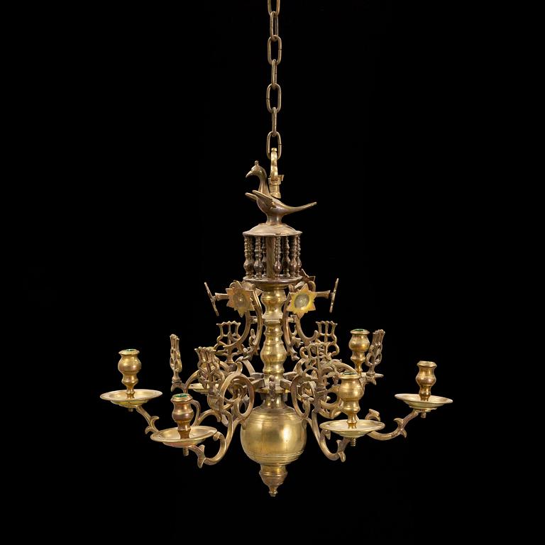 A brass chandelier, 18th century.