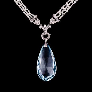 A NECKLACE, briolette cut aquamarine, rose cut diamonds, pearls, platinum.