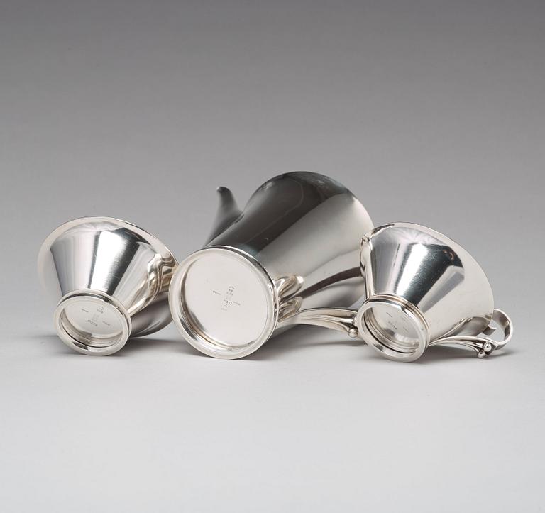 Harald Nielsen, kaffeservis "Pyramid", tre delar, Georg Jensen, Köpenhamn 1933-44, sterling, design nr 600A,