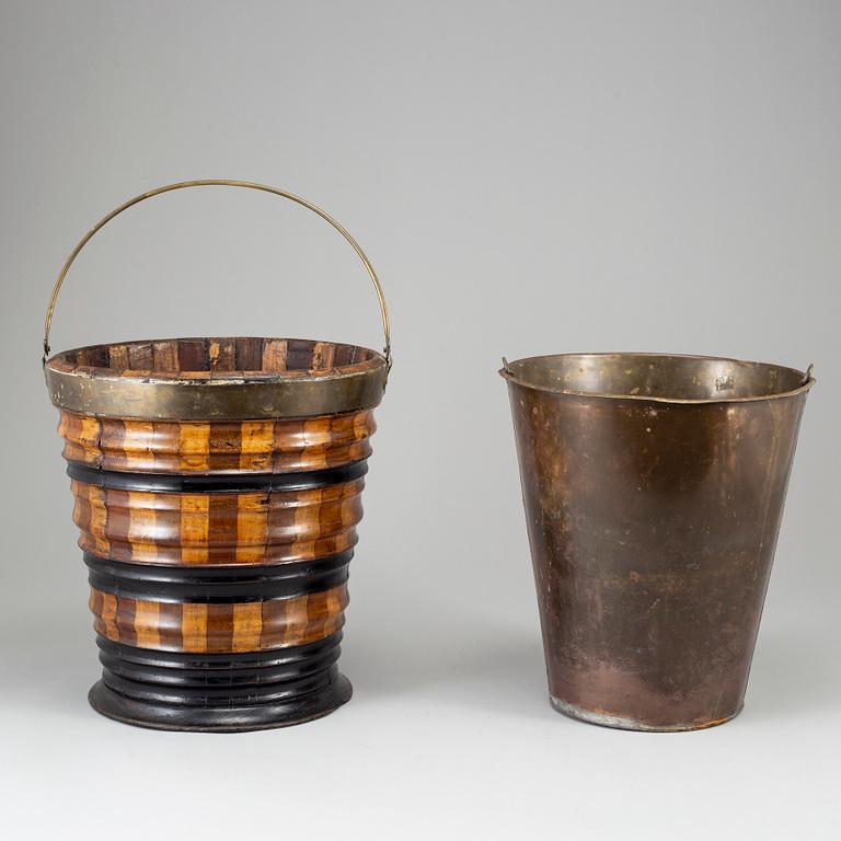 A 19th century brass and wood wine cooler.