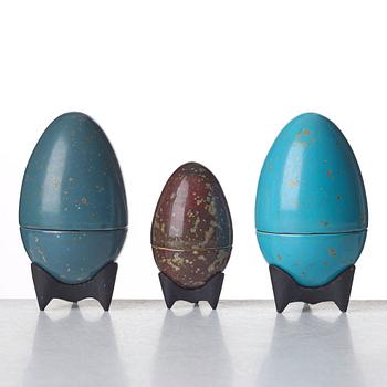 Hans Hedberg, a group of three faience sculptures of eggs, Biot, France.