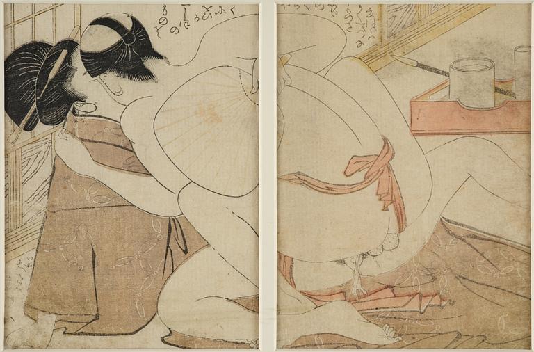 Oidentifierade konstnärer, färgträsnitt, shunga, albumblad, tre diptyker, Japan, 1800-tal.