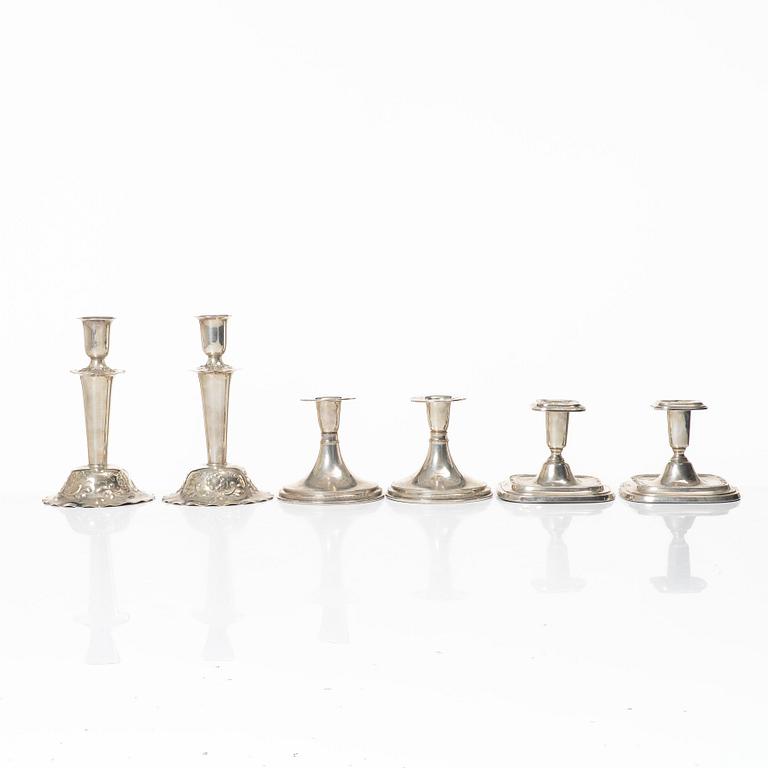 Candelsticks, 3 pairs, silver, Sweden, 1947-60.