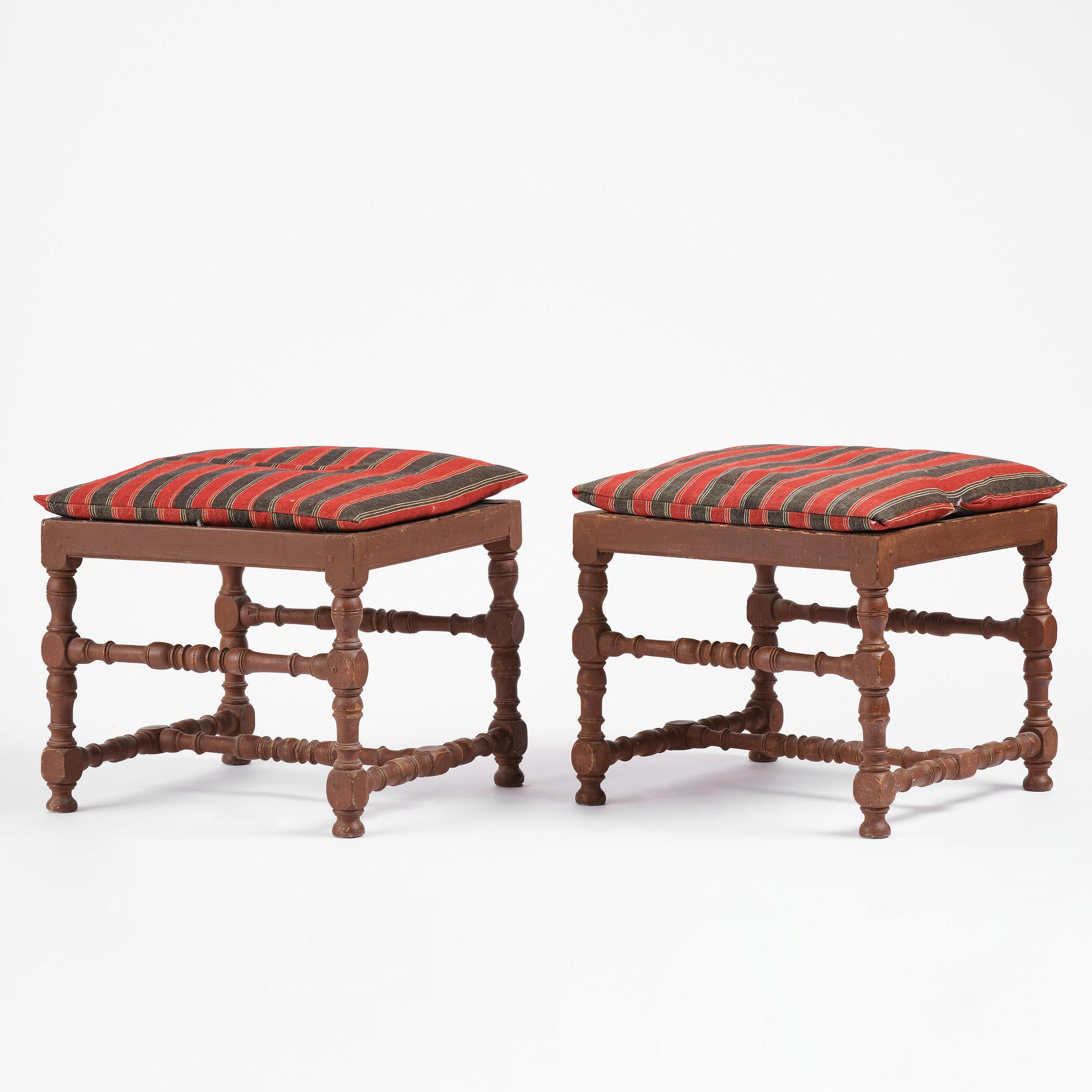 A pair of Swedish baroque stools, circa 1700.