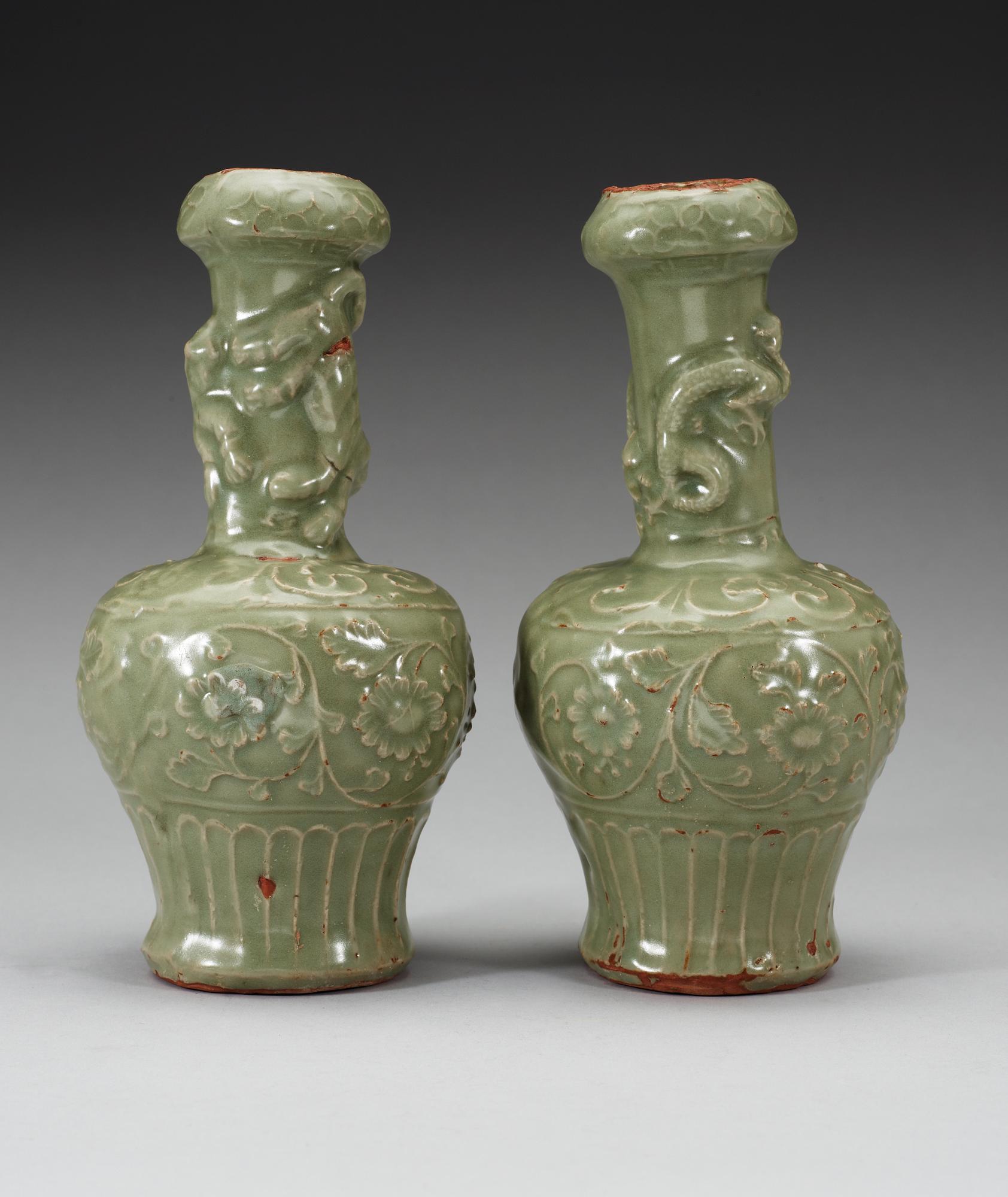 Two celadon glazed longquan vases, Ming dynasty (1368-1644).