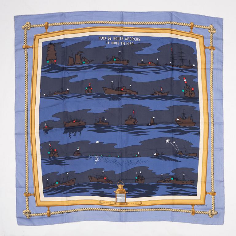 Hermès, scarves, 2 pcs, "Crowns / Couronnes" & "Feux de Route Apercus la Nuit, en Mer", Julia Abadie, Pierre Péron.