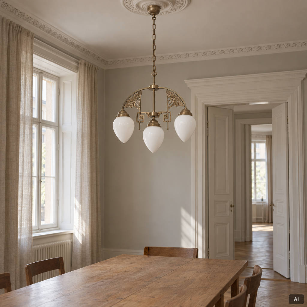 Ceiling lamp, Art Nouveau style, circa 2000, Berliner Messinglampen, Germany.