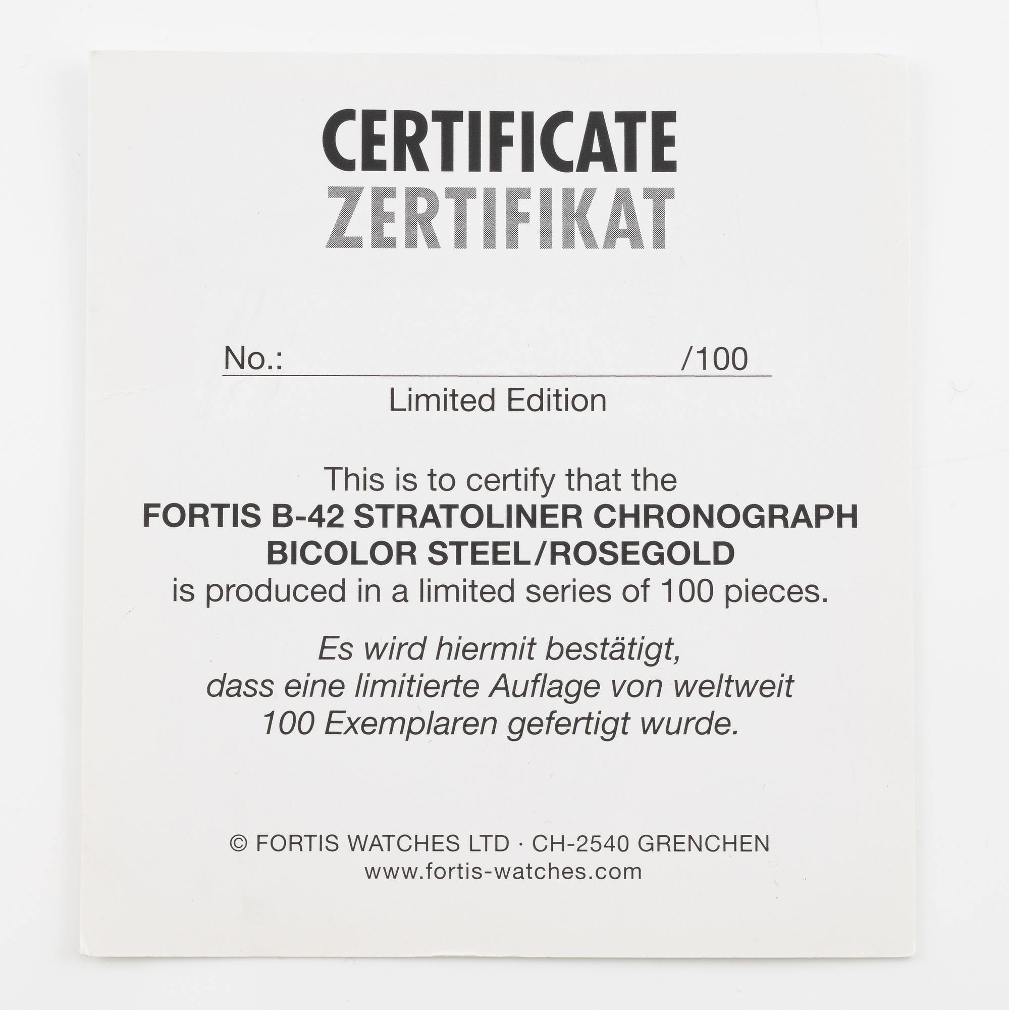 Fortis, B-42 Stratoliner, "Limited 100th Anniversary Edition", chronograph, wristwatch, 43.5 mm.