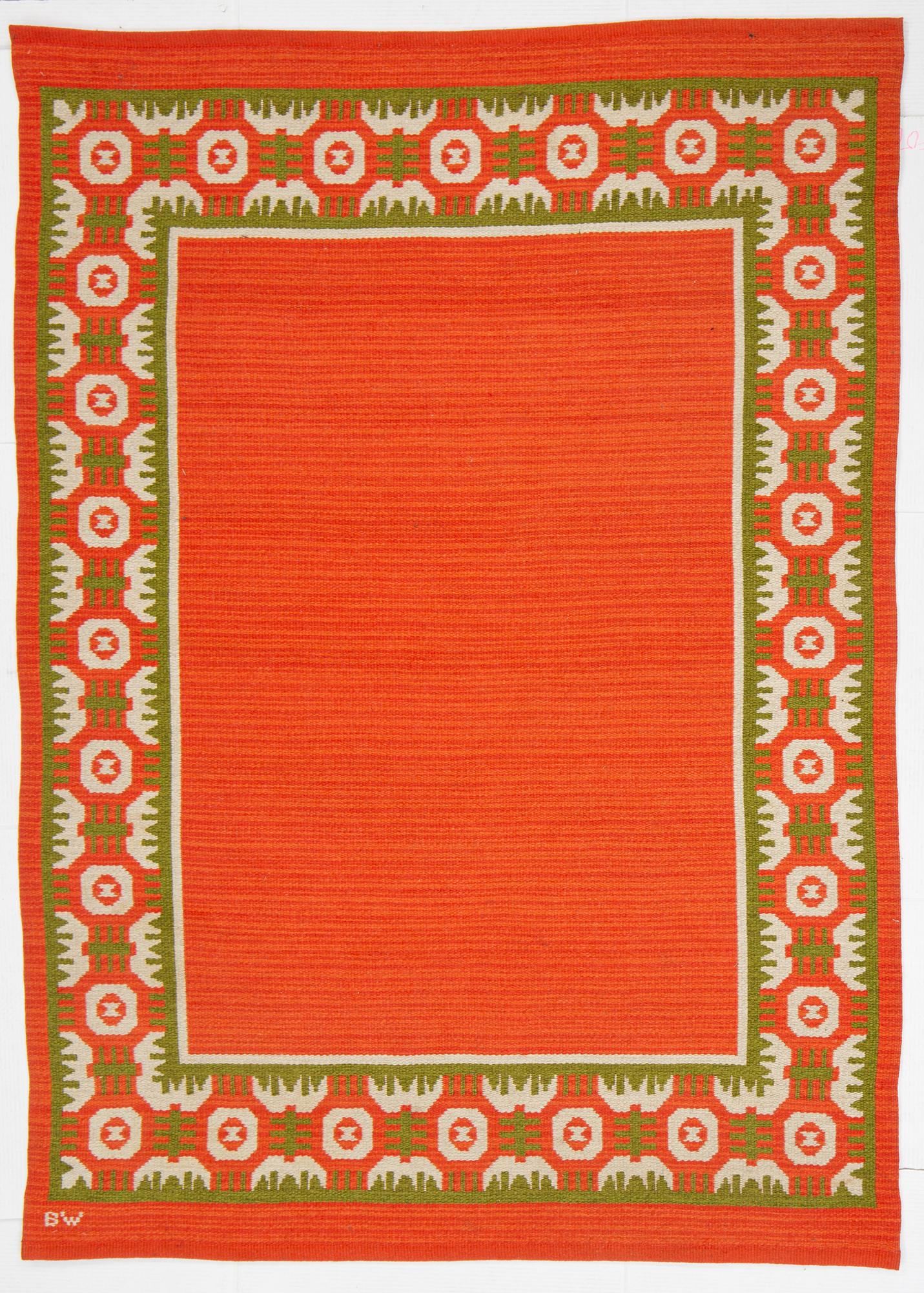 Berit Woelfer, matta, dubbelvävd slätväv, signerad BW, ca 224 x 162 cm.