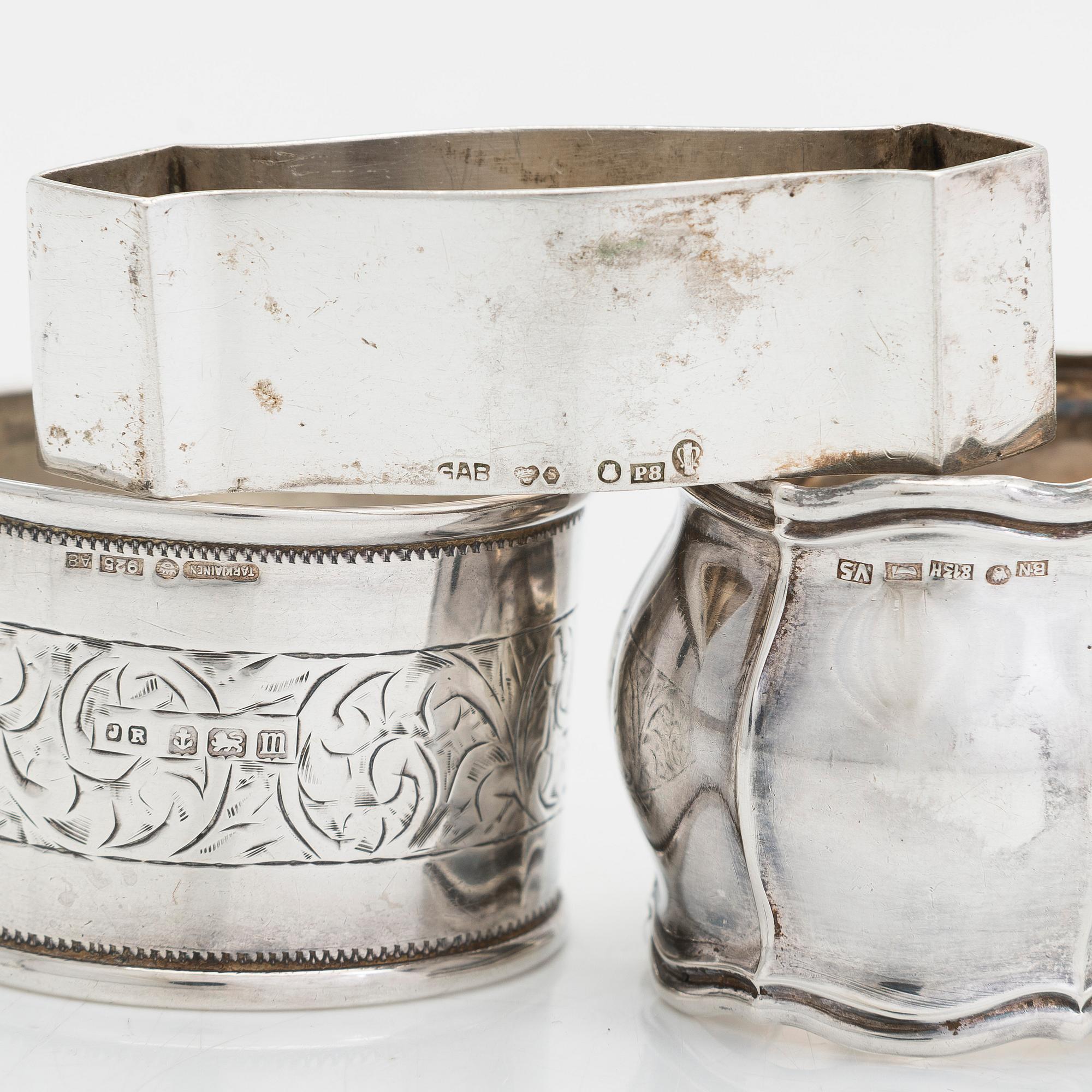 Ten silver napkin rings, manufactured from 1894-1941.