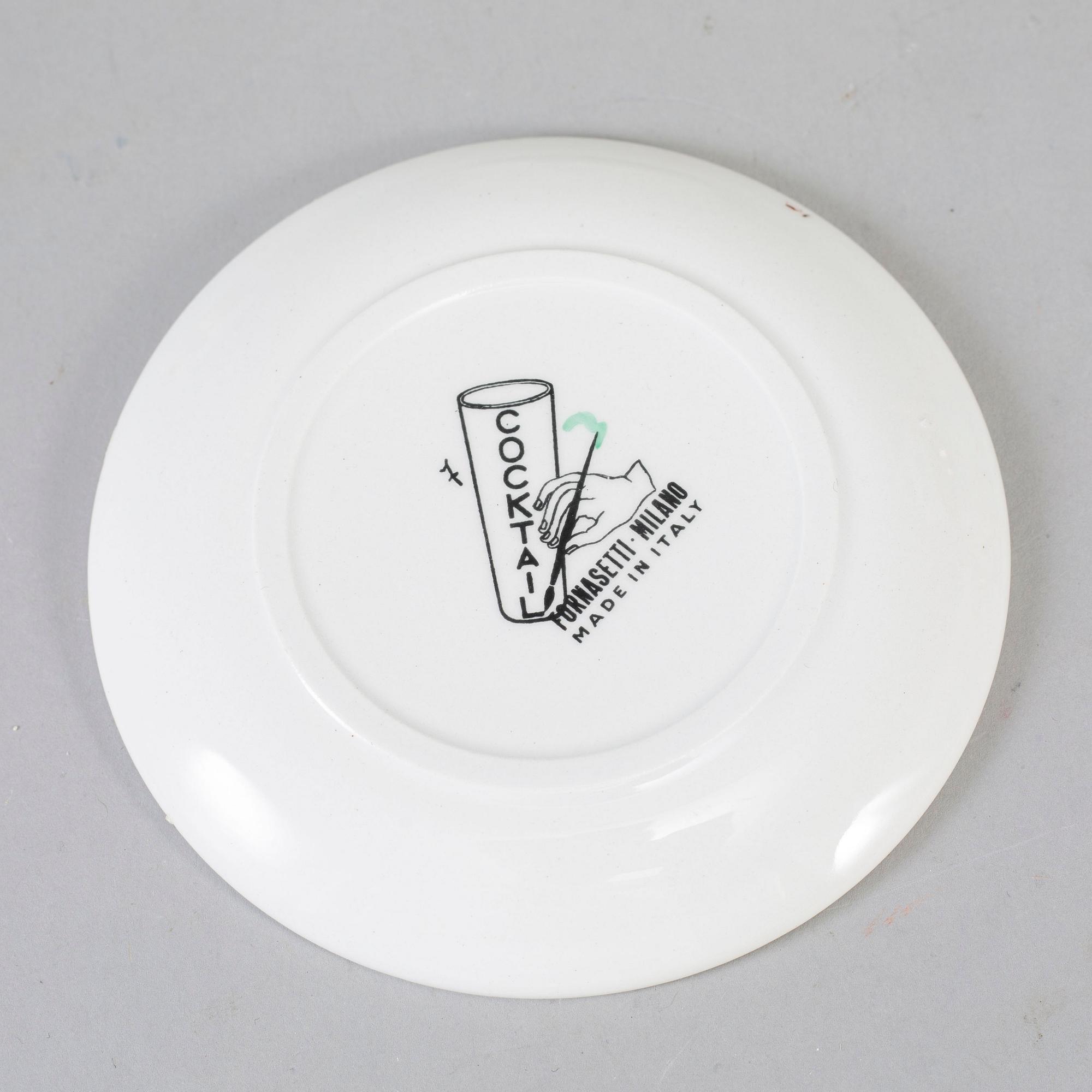 PIERO FORNASETTI, glasunderlägg, 8 st, flintgods, Milano, Italien.