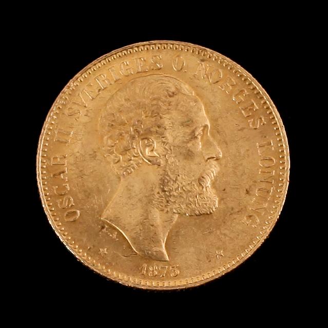 GULDMYNT, 20 kronor, Oscar II, 1873. Vikt ca 9 gram.