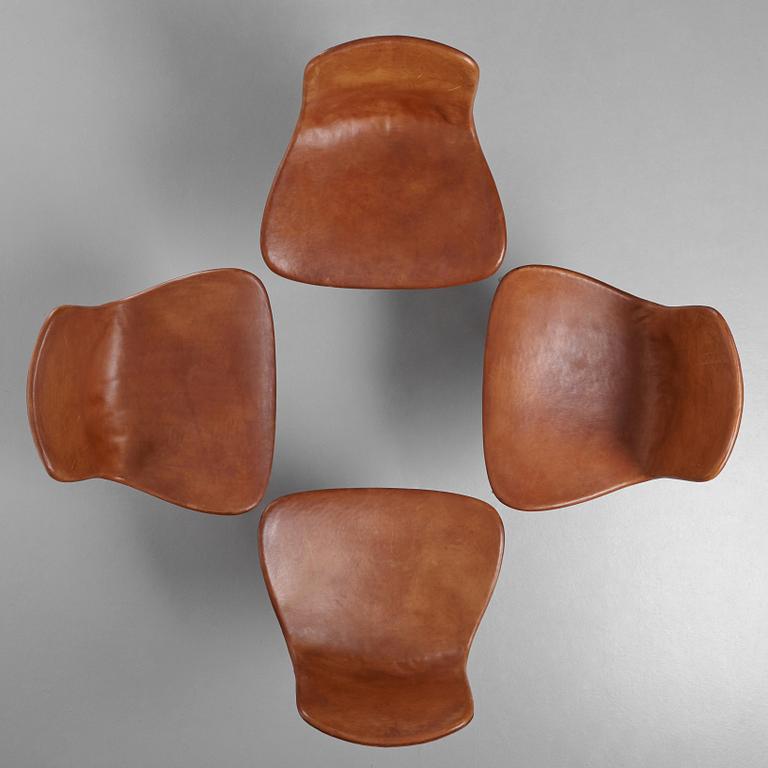 Poul Kjaerholm, a set of four 'PK-9' brown leather and steel chairs, E Kold Christensen, Denmark 1960's.