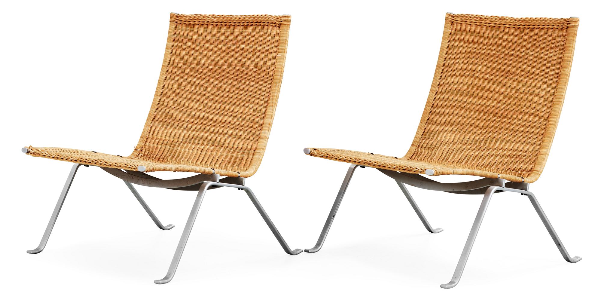 A pair of Poul Kjaerholm 'PK-22' steel and ratten easy chairs, E Kold Christensen, Denmark, maker's mark in the steel.