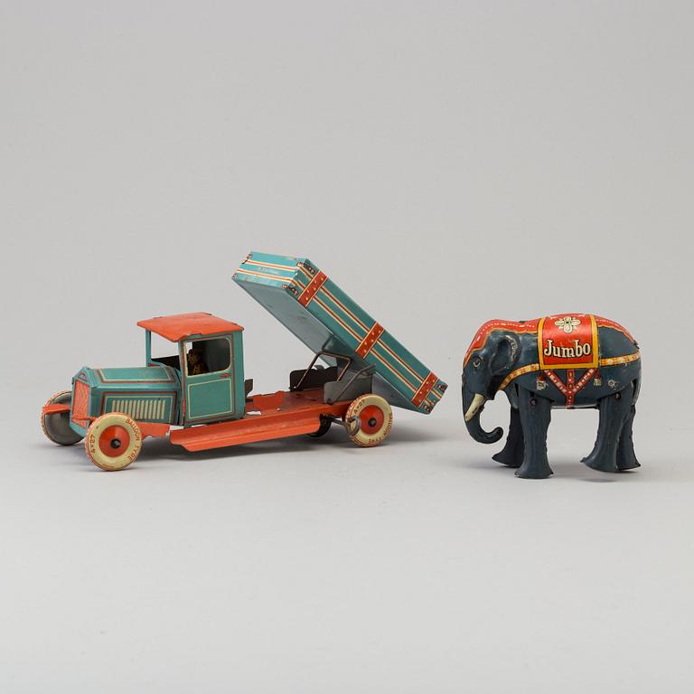 Two tin toys including "Jumbo" the elephant by BLOMER & SCHULER Germany and a car, mid 20th century.