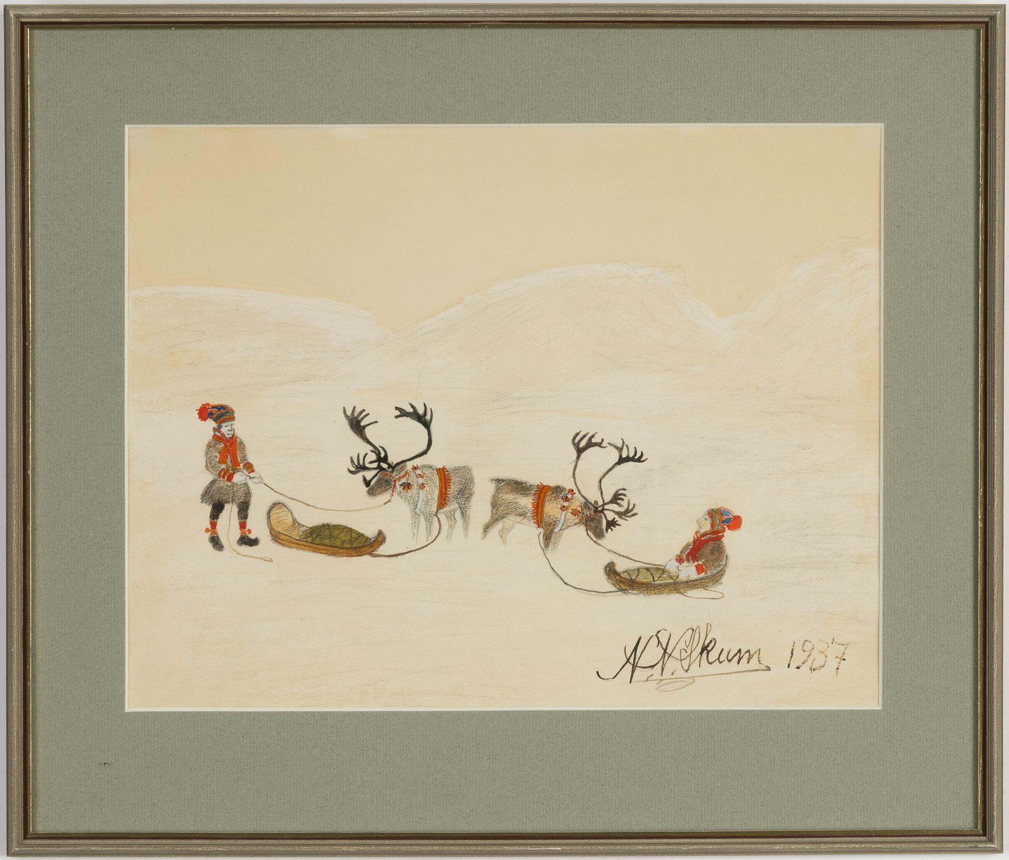 Nils Nilsson Skum, chalk and pencil drawing, signed an dated 1937.