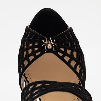 Charlotte Olympia, a pair of black suede spiderweb sandals. Size 36 1/2.