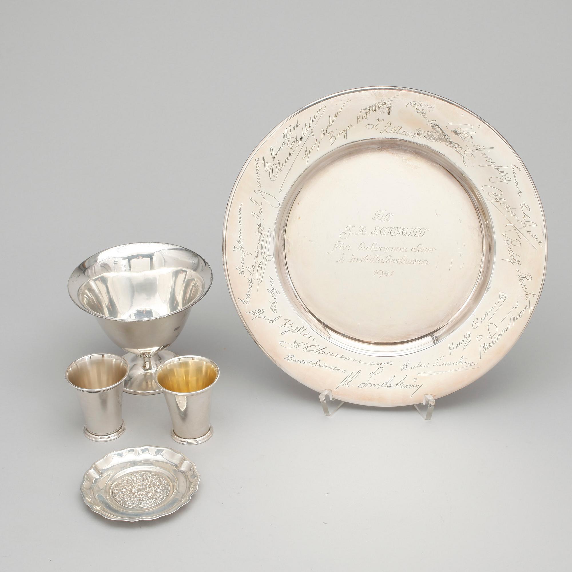 PARTI  SILVER, 5 delar, bland annat W A Bolin, Stockholm, 1929. Vikt ca 350 gram.