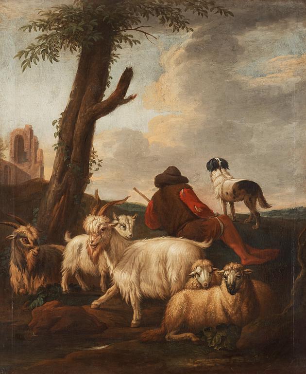 Simon van der Does Hans krets, Pastoralt landskap med herde, hund, får och getter.