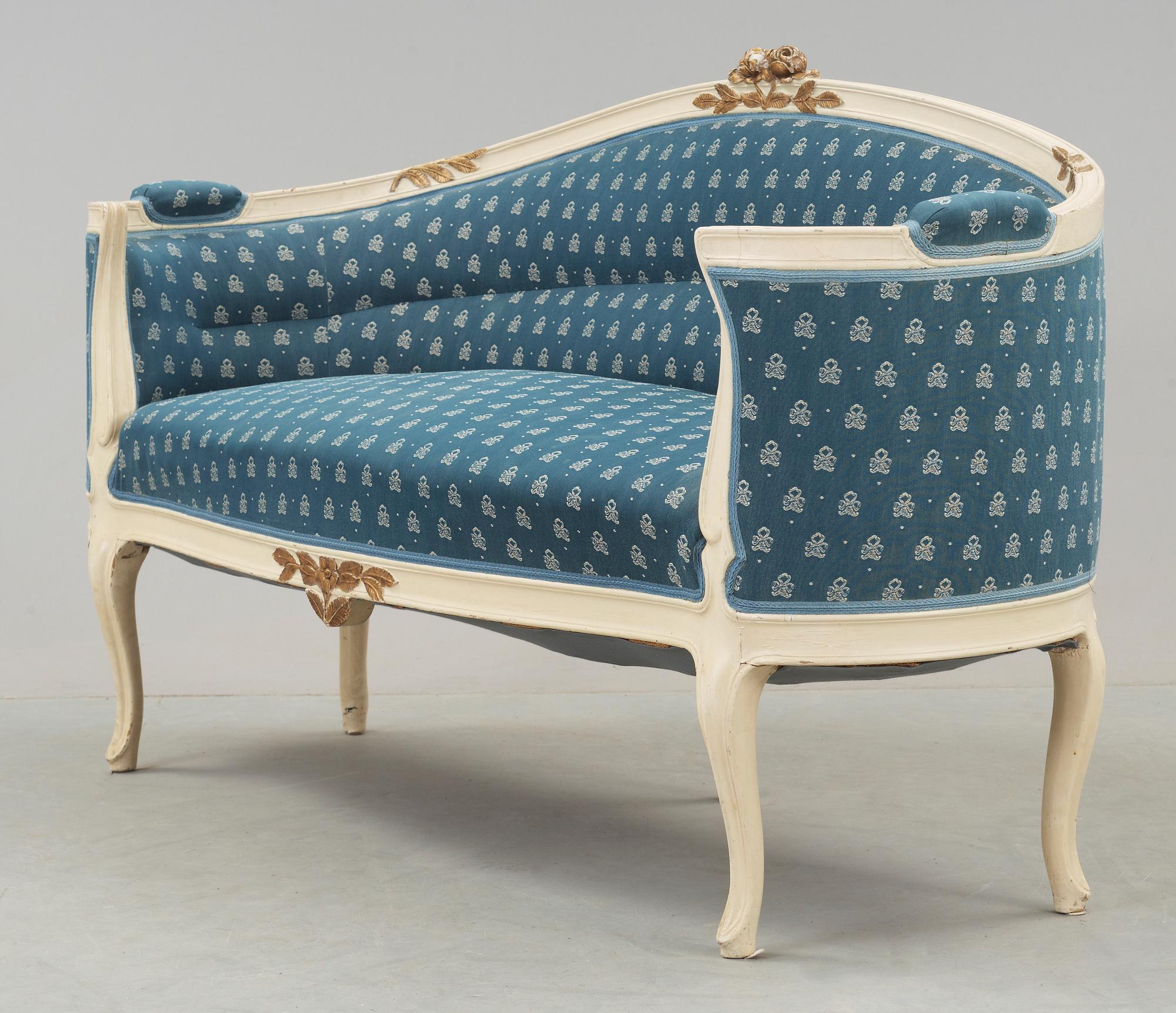 SOFFGRUPP, 7 delar, rokokostil, omkring 1900.