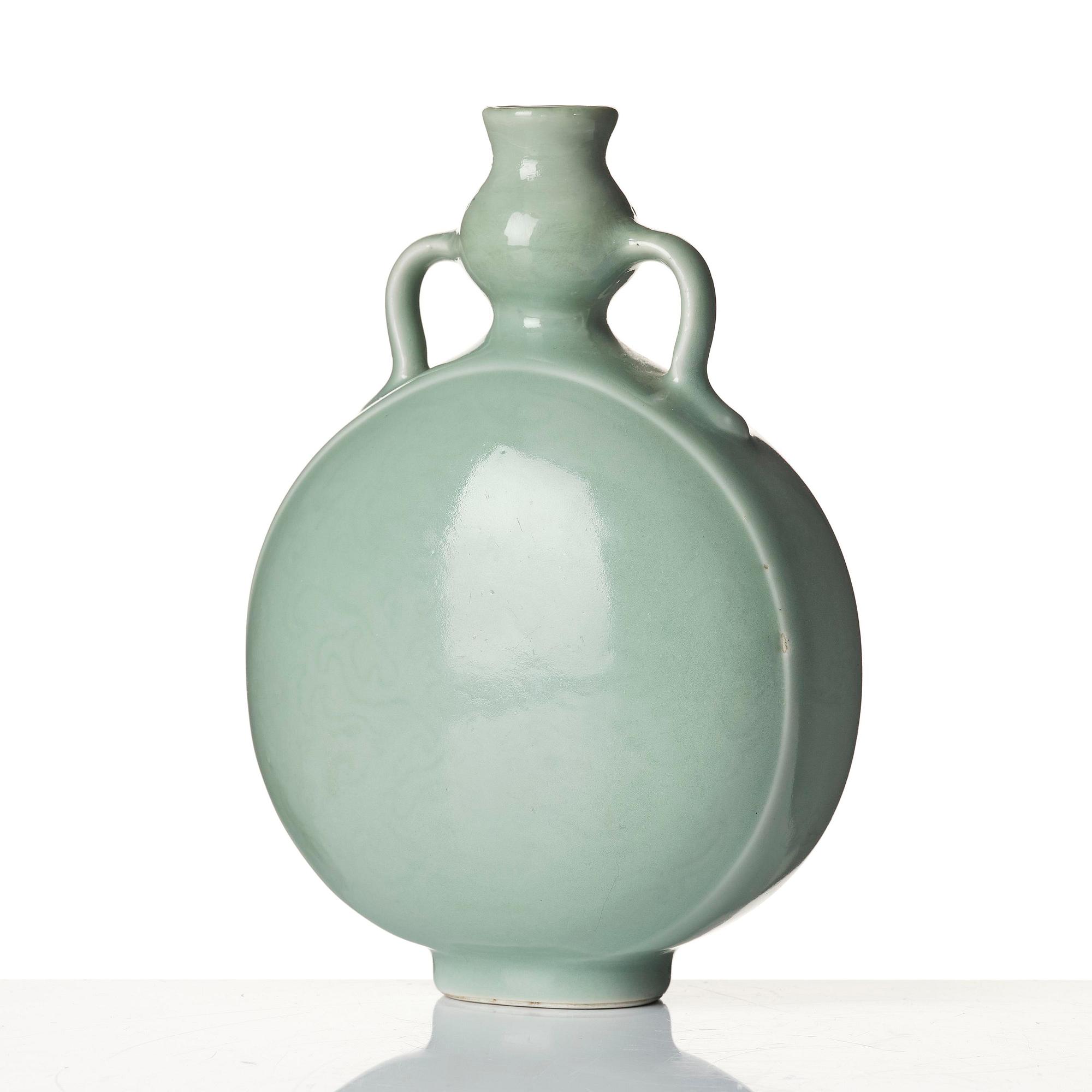 A celadon glazed moon flask, possibly Republic wiht a Yongzheng mark.
