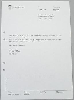 OLOF PALME. 18 hand signed letters dated September 1982-February 1986.