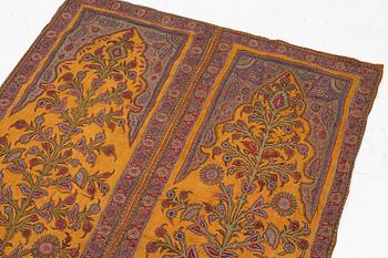 Embroidery, a pair, semi-antique Pateh Kirman, approx. 122 x 190 cm in total.