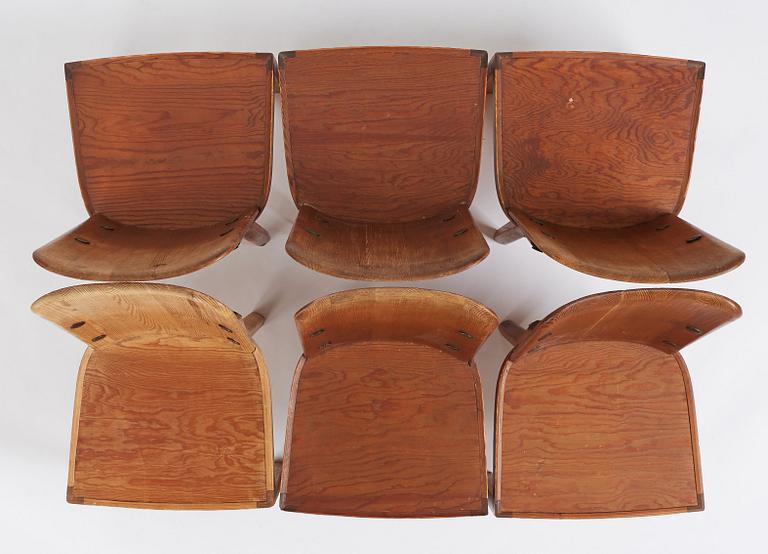 Axel Einar Hjorth, a set of 6 stained pine 'Lovö' dining chairs, Nordiska Kompaniet, Sweden 1930s.