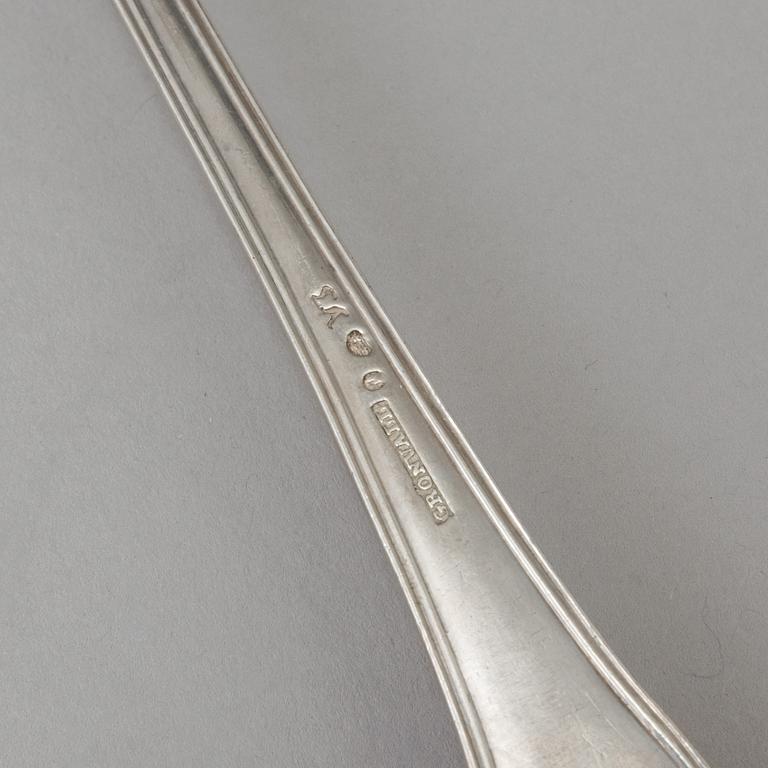 Seven Swedish Empire silver table forks by Johan Petter Grönvall in Stockholm 1828.