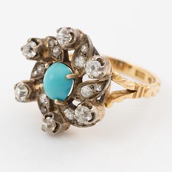 Ring 18K gold and silver with a turquoise and old-cut diamonds.