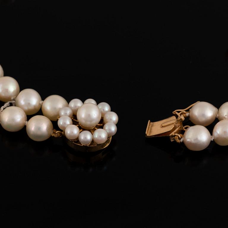 A two strand cultured pearl necklace.
