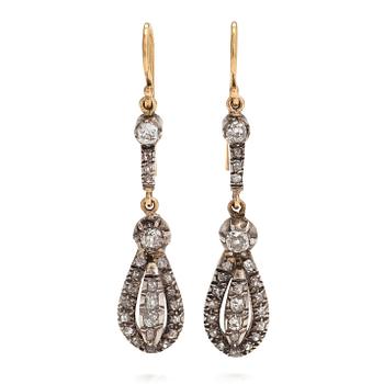 A pair of 18K gold and silver earrings with old and single-cut diamonds.