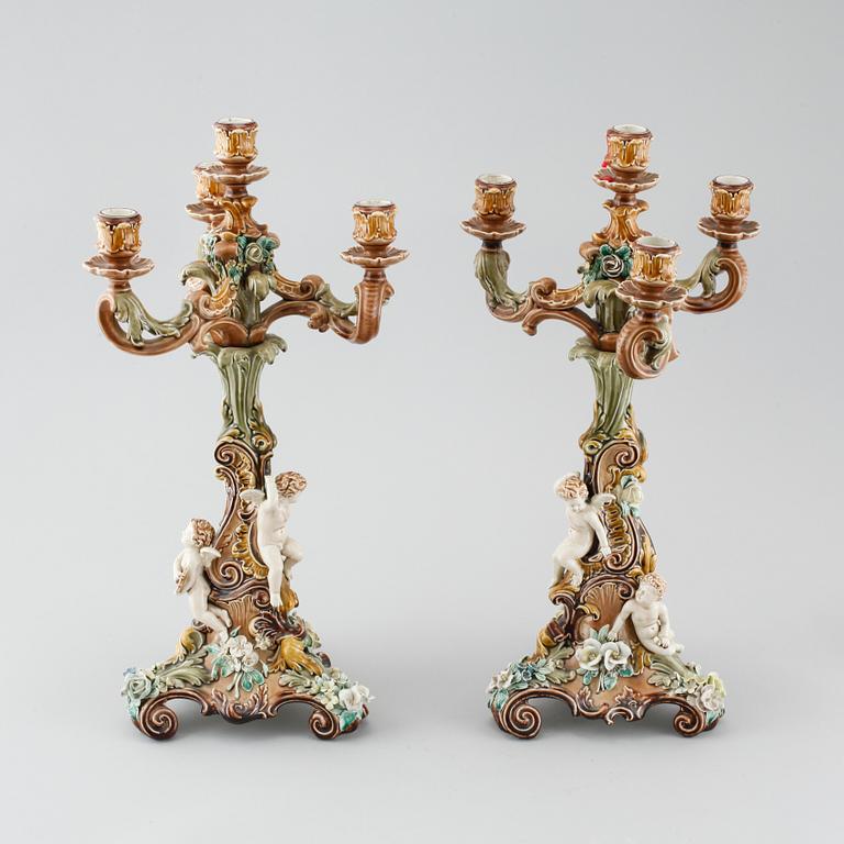 A pair of majolica candelabras from Rörstrand, late 19th century.