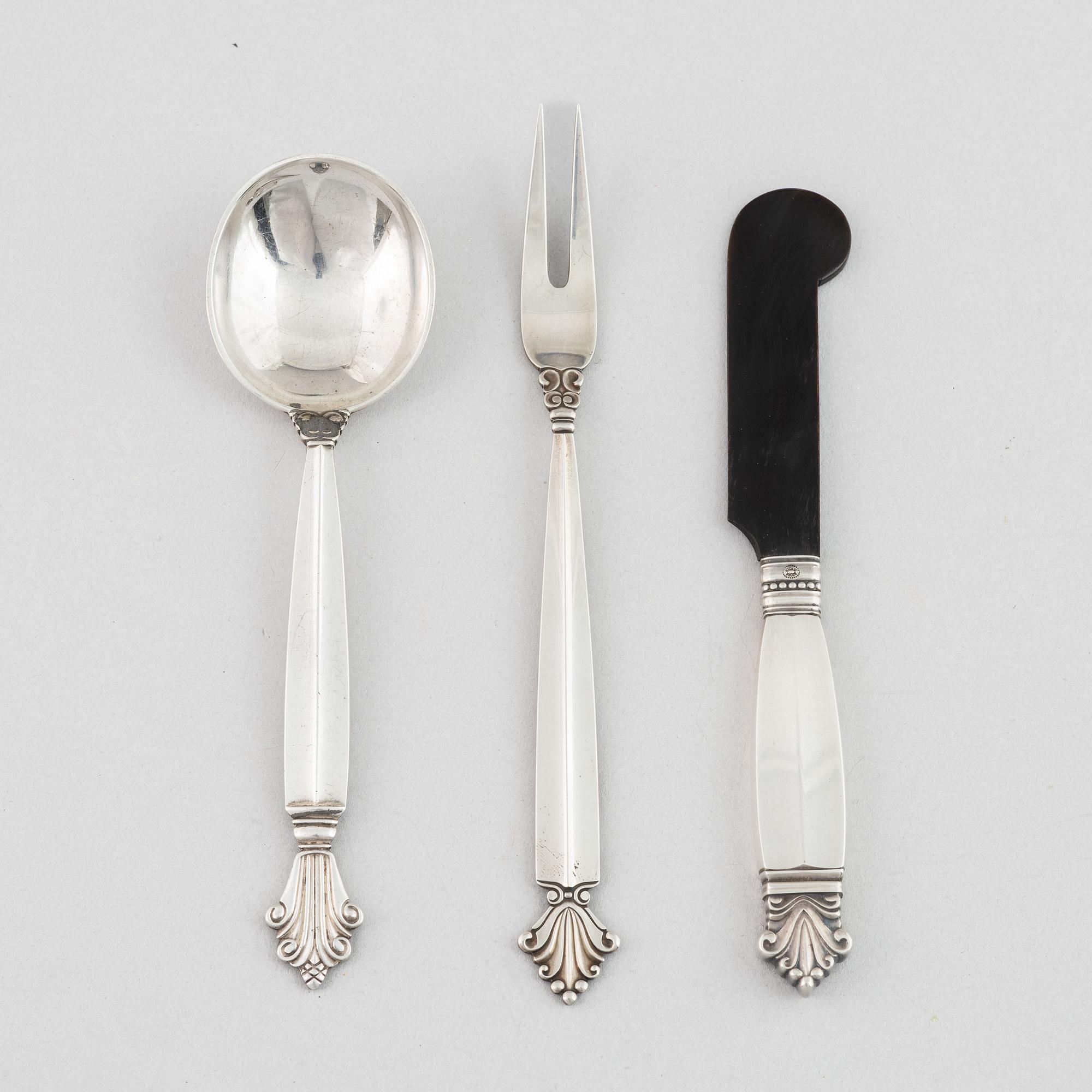 Johan Rohde, cutlery, 3 pieces, silver, model Dronning/Acanthus, Georg Jensen, Denmark.