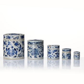 A set of five blue and white jars, Qing dynasty, 19th century.