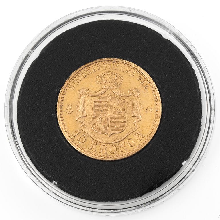 Gold coin, Sweden, Oscar II, 10 kronor, 1874.