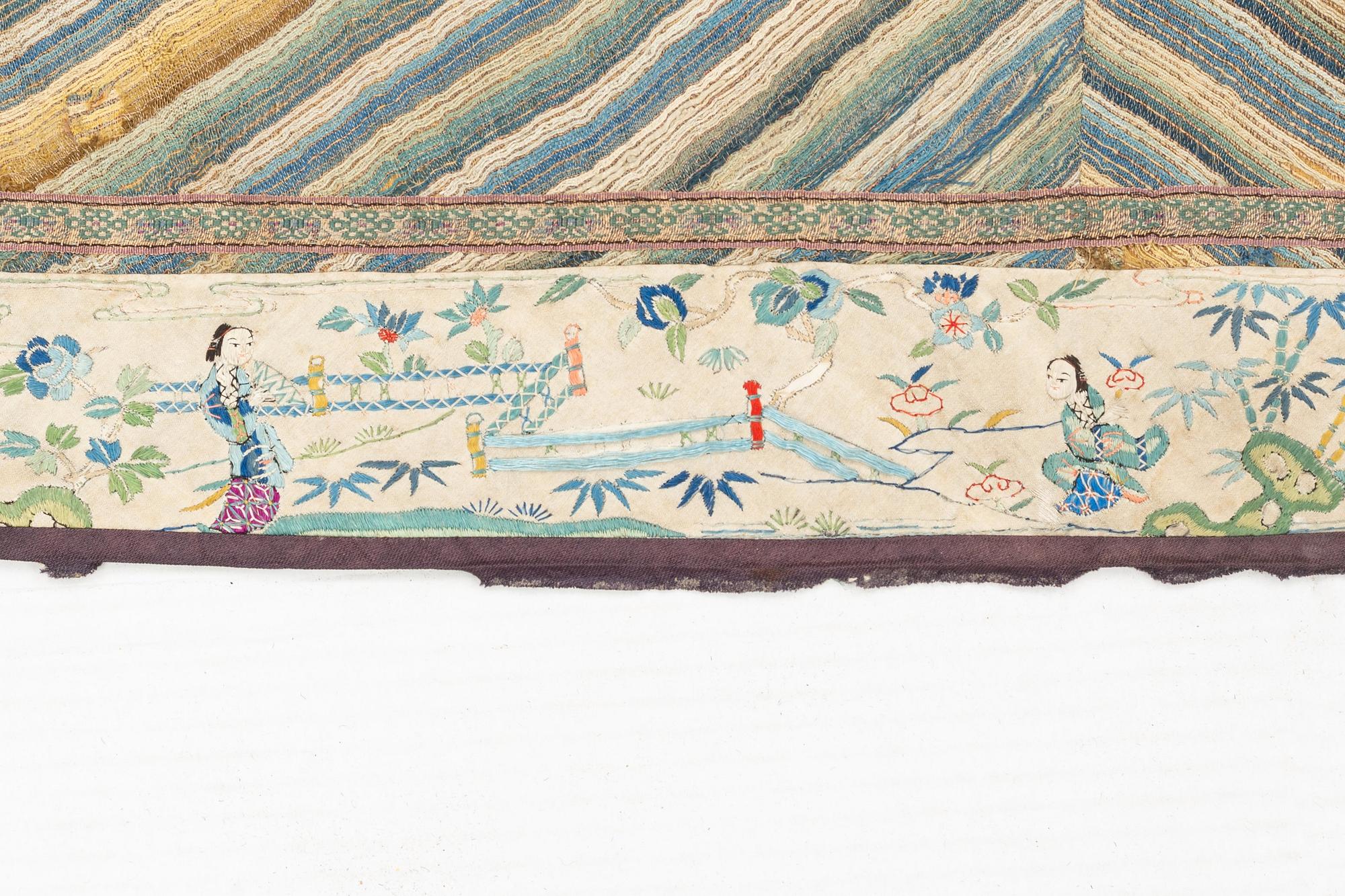 A Chinese five clawed dragon embroidered silk altar cloth, Qing dynasty, 19th century.