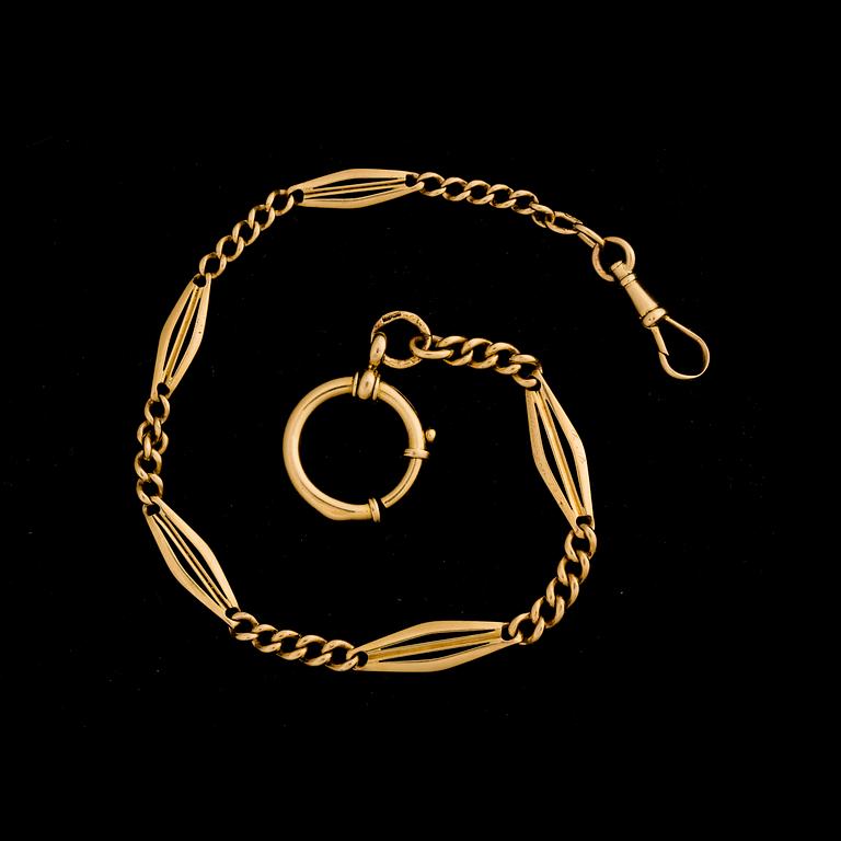 KLOCKKEDJA, 18K guld. Malmö 1910. Vikt ca 20 gram.