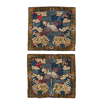956. A pair of embroidered civil officials rank badges, Buzi, with egrets, Qing dynasty, 19th century.