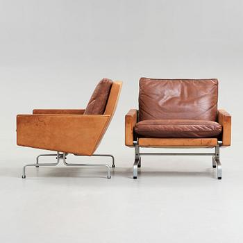 Poul Kjaerholm, A pair of Poul Kjaerholm 'PK-31' steel and brown leather easy chairs, by E old Christensen, Denmark 1960's.