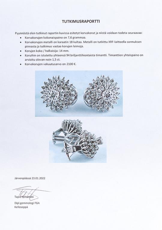 A pair of 18K white gold earrings with diamonds ca. 1.50 ct in total according to certificate.