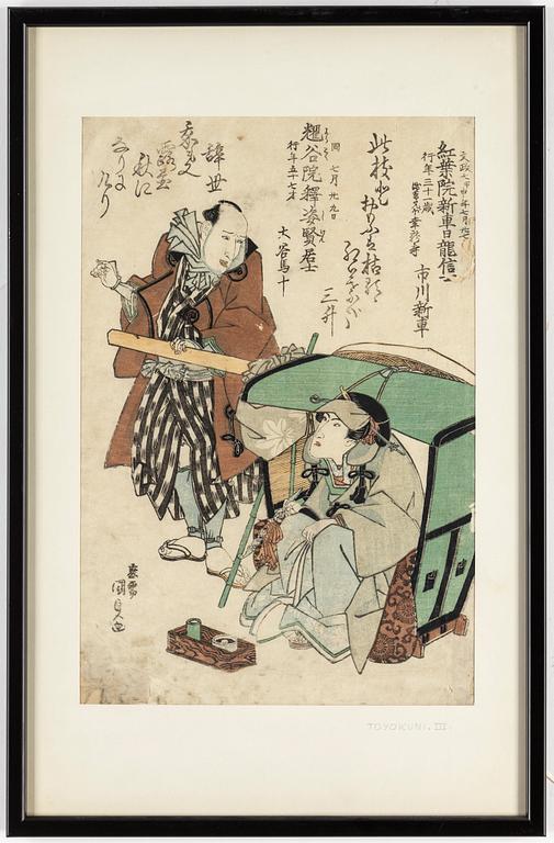 UTAGAWA KUNISADA (TOYOKUNI III) (1786–1864), färgträsnitt, två stycken. Japan, 1800-tal.