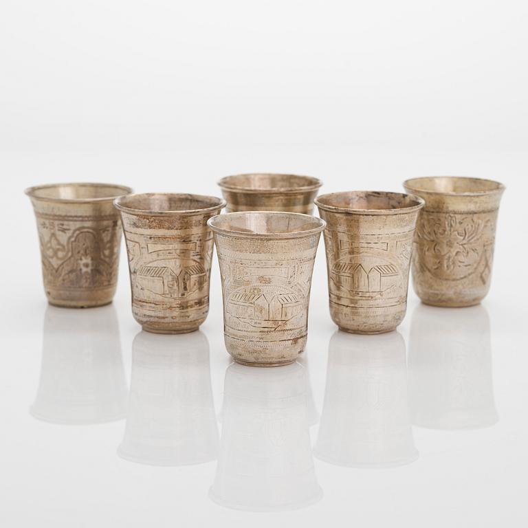 Six silver vodka cups, Moscow 1860-83.