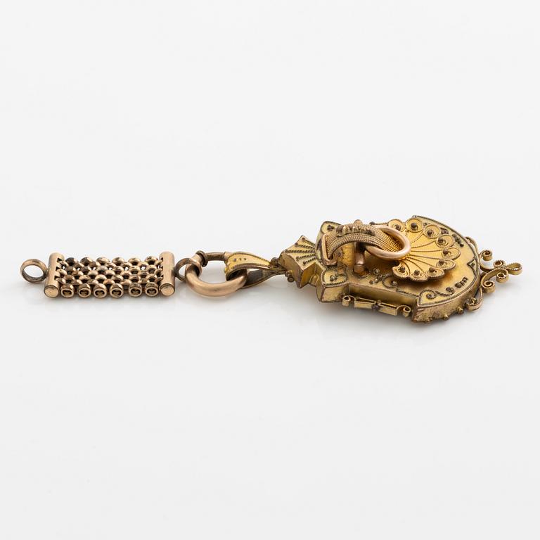 Bracelet and pendant/brooch, gilded possibly silver, with pearls 19th century.